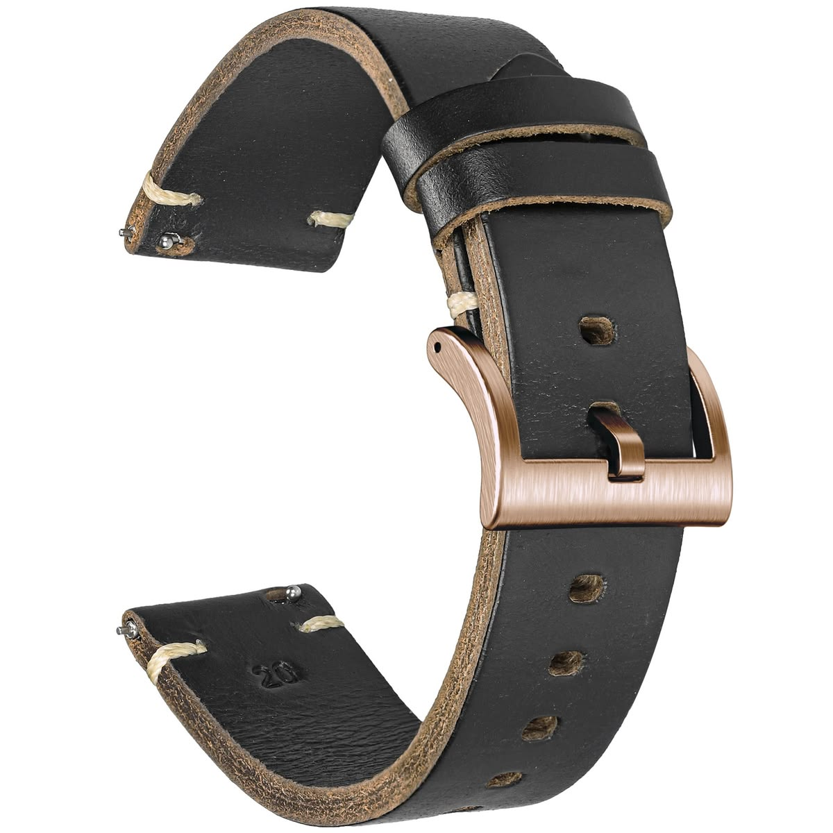 Black Leather Quick-Release Watch Band with Rose Gold-Tone Buckle